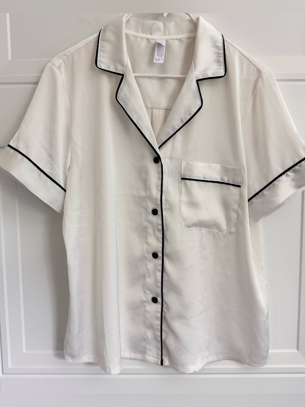 Stars Above Ivory Satin Short-Sleeve Pajama Top & Short Set with Black Piping, S